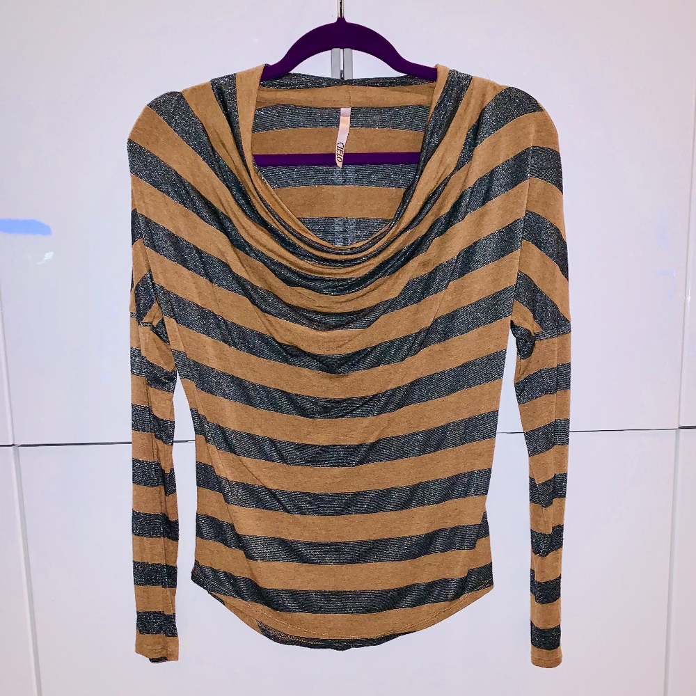 Pretty Cielo Cowl Neck Taupe Metallic stripe top